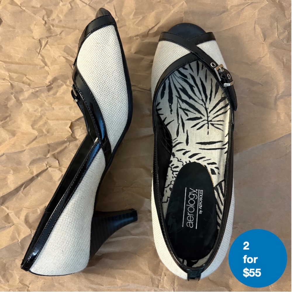 Aerosoles Black & White Peep-Toe Heels with Buckle Size 8.5